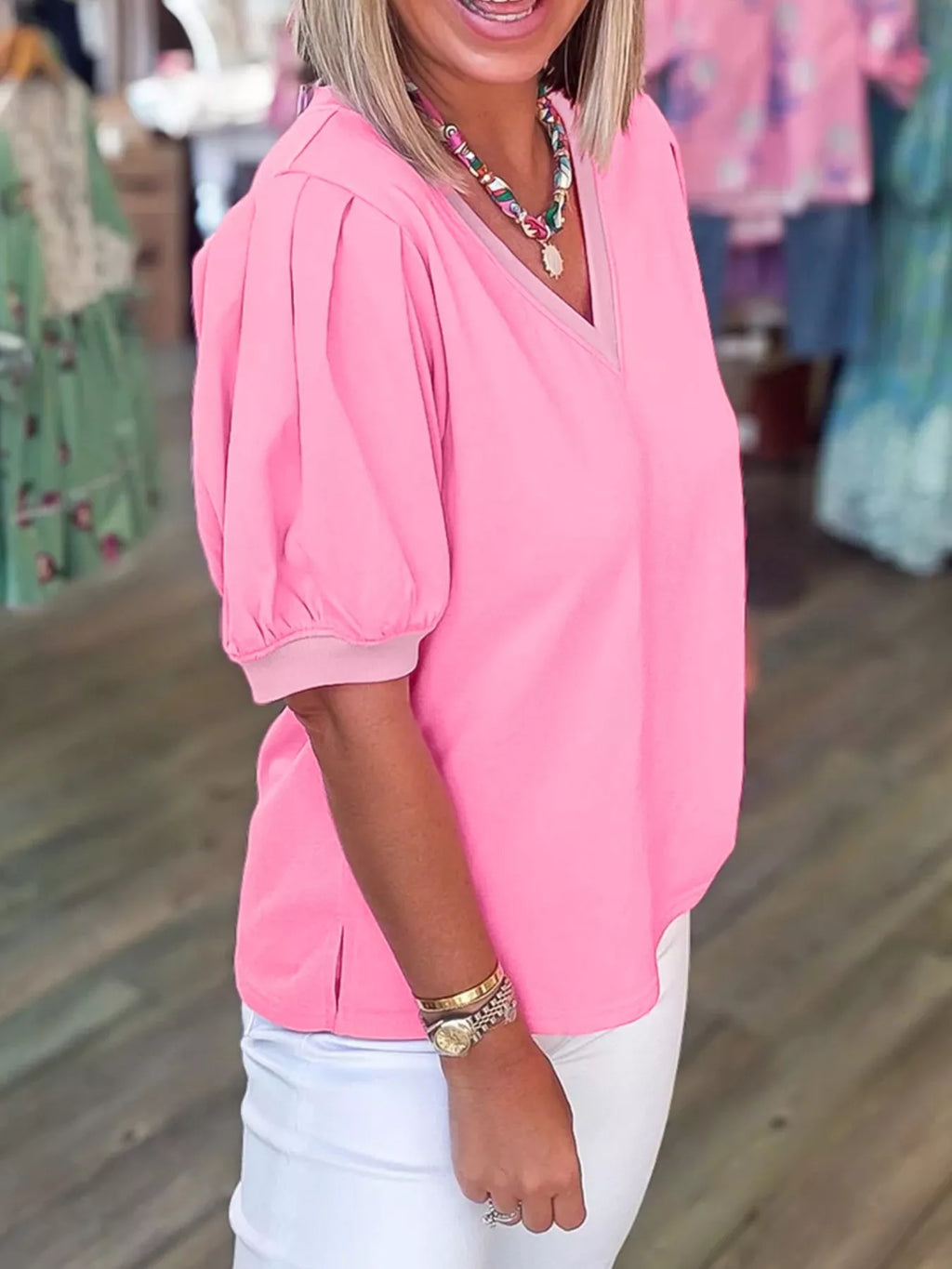 Solid Color V Neck Short Puff Sleeve Blouse