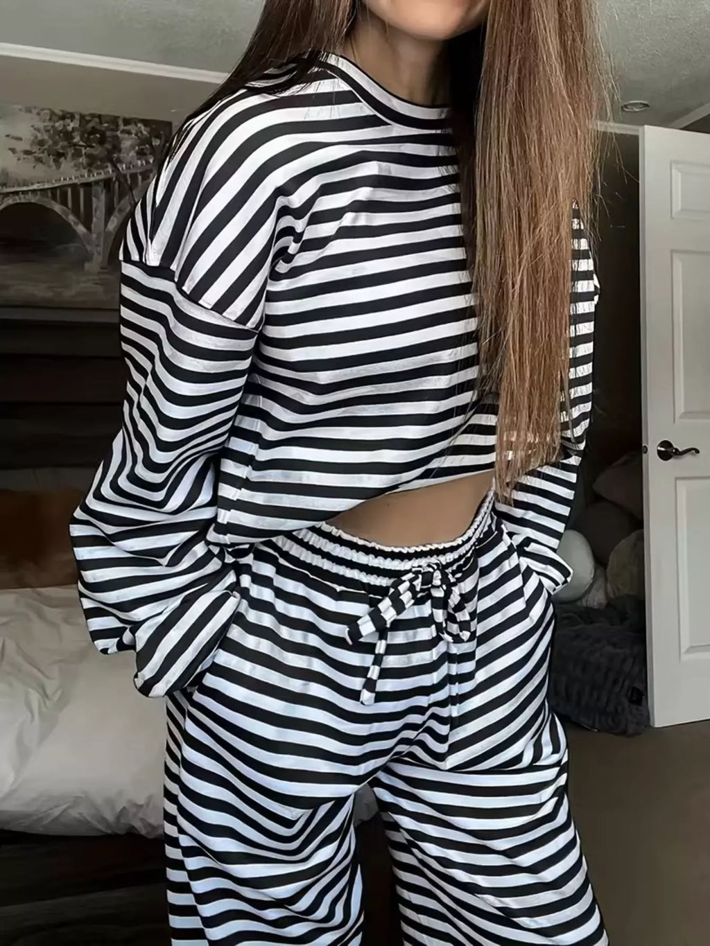 Striped Round Neck Top and Pants Set