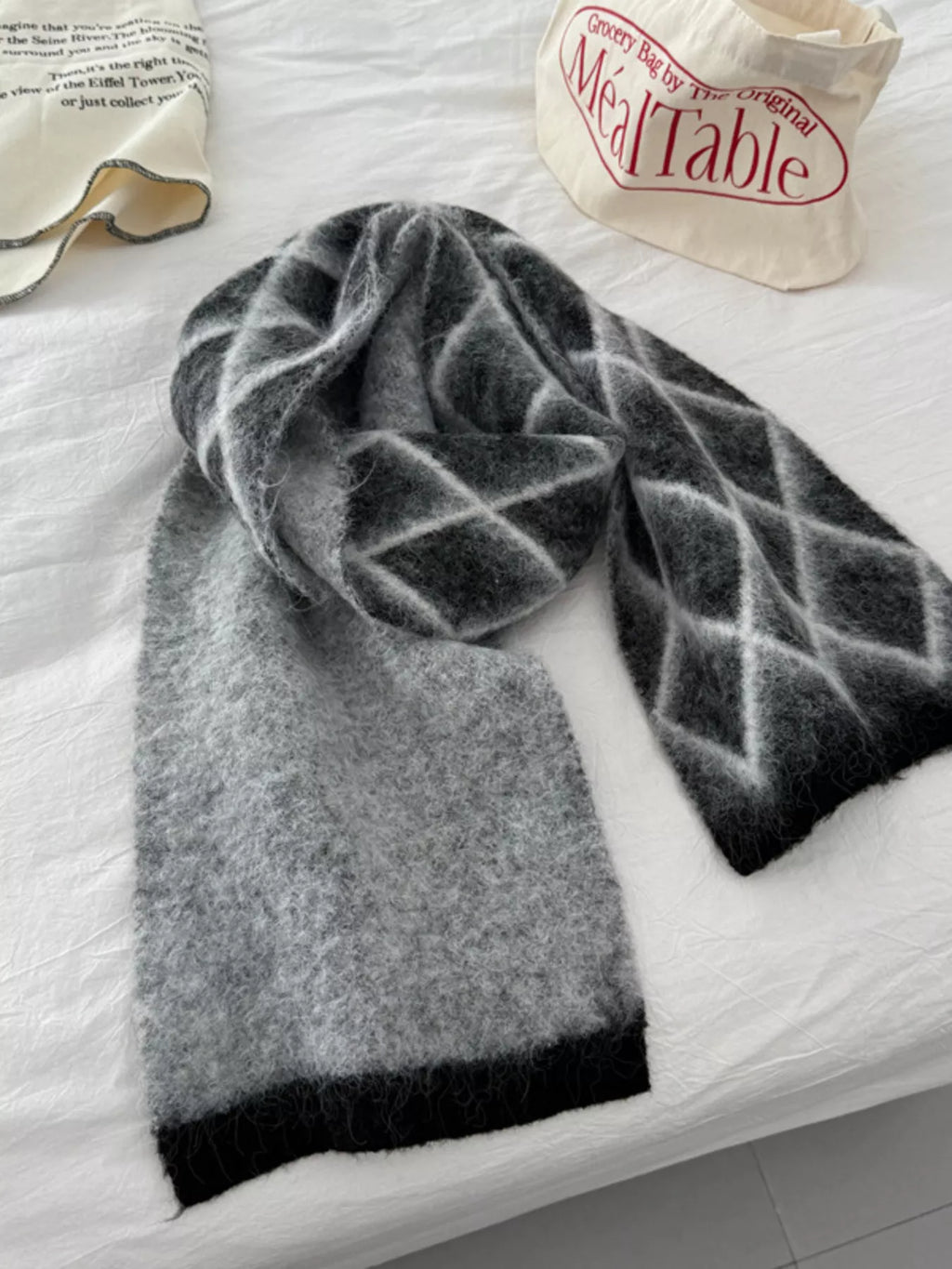 Diamond Pattern Fuzzy Knit Scarf