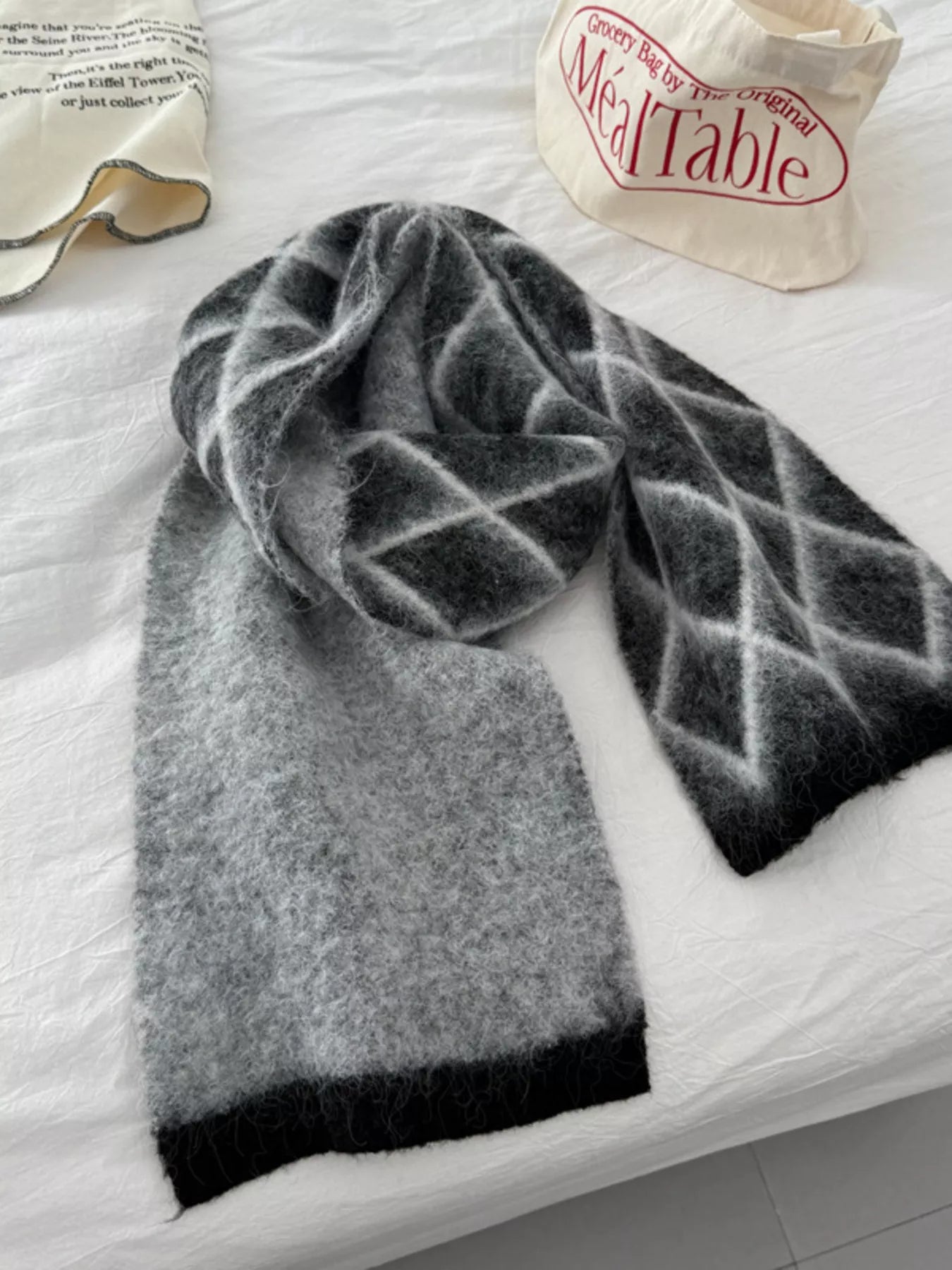 Diamond Pattern Fuzzy Knit Scarf