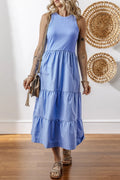 Ribbed Vest Patchwork Tiered Midi Dress with Pockets