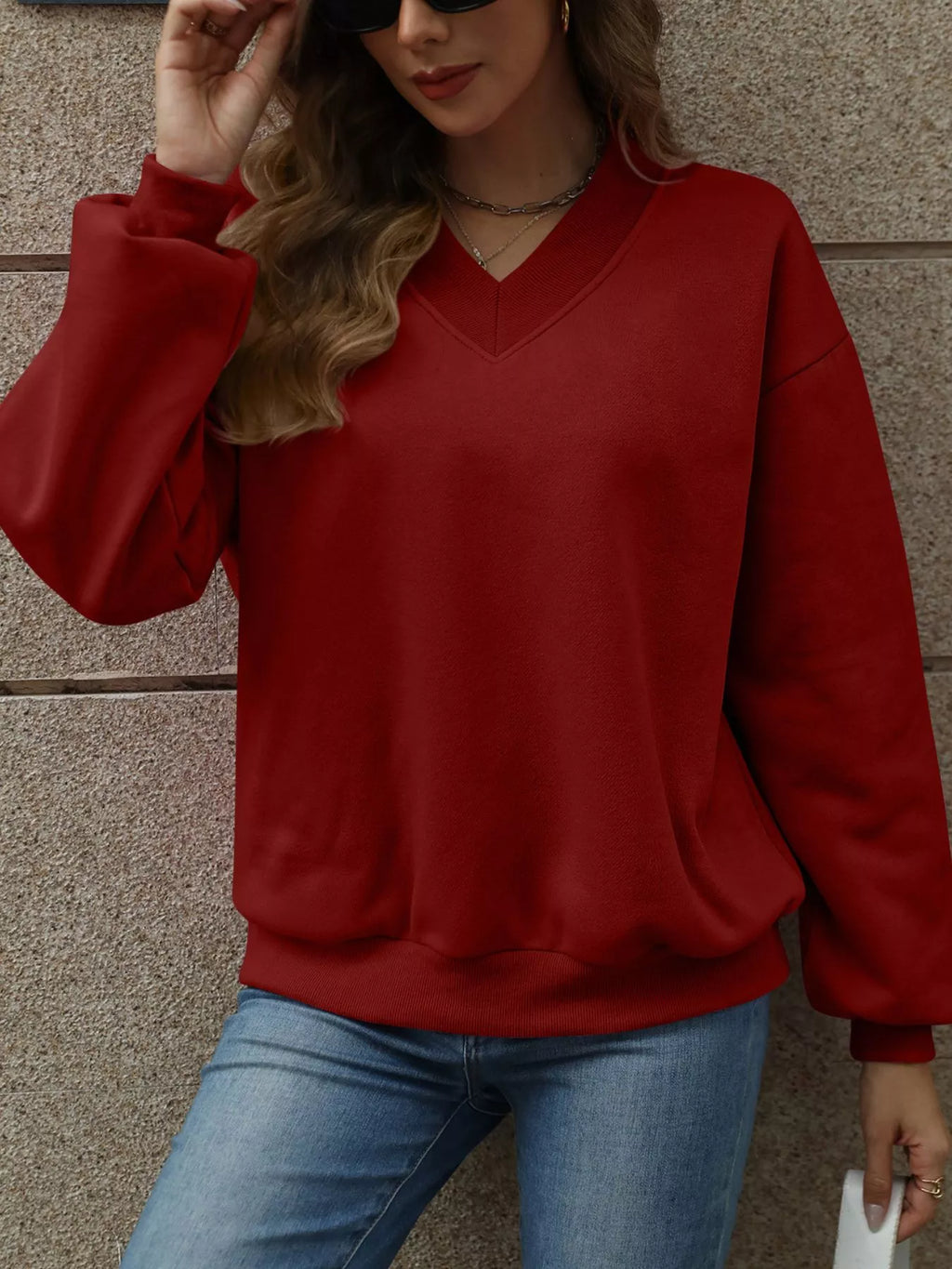 V-Neck Solid Color Casual Sweatshirt