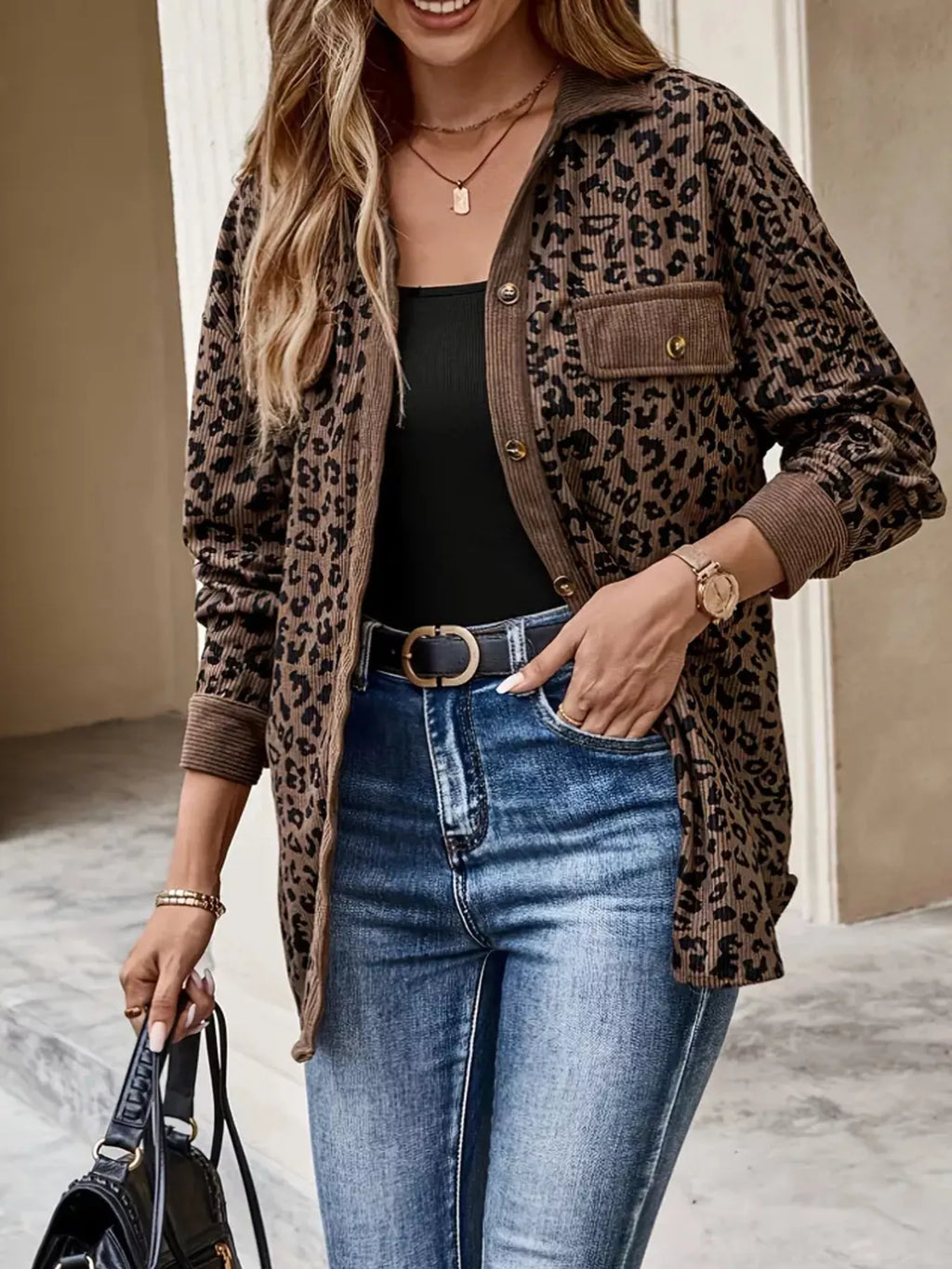 Leopard Print Corduroy Button-Up Jacket
