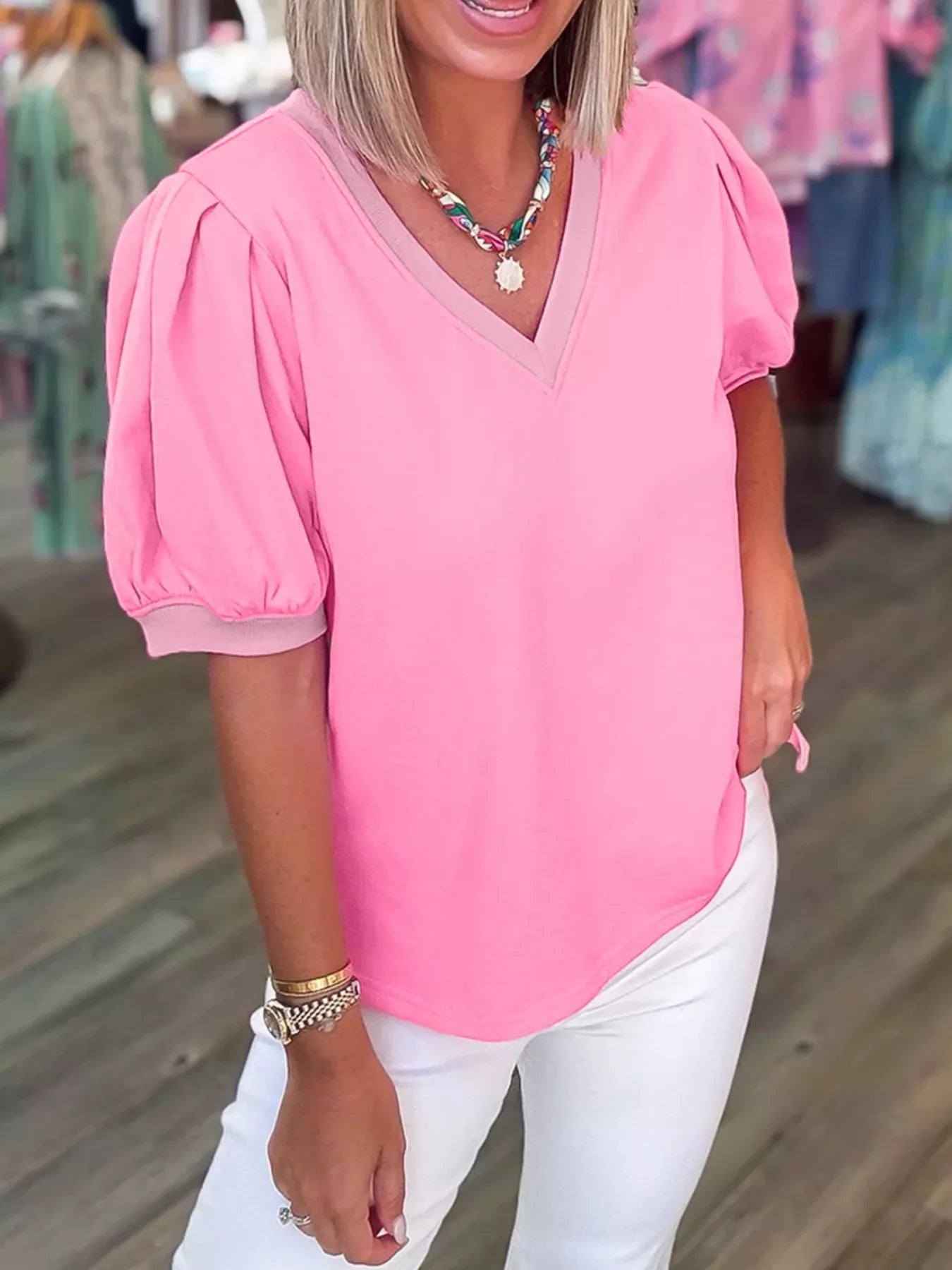Solid Color V Neck Short Puff Sleeve Blouse