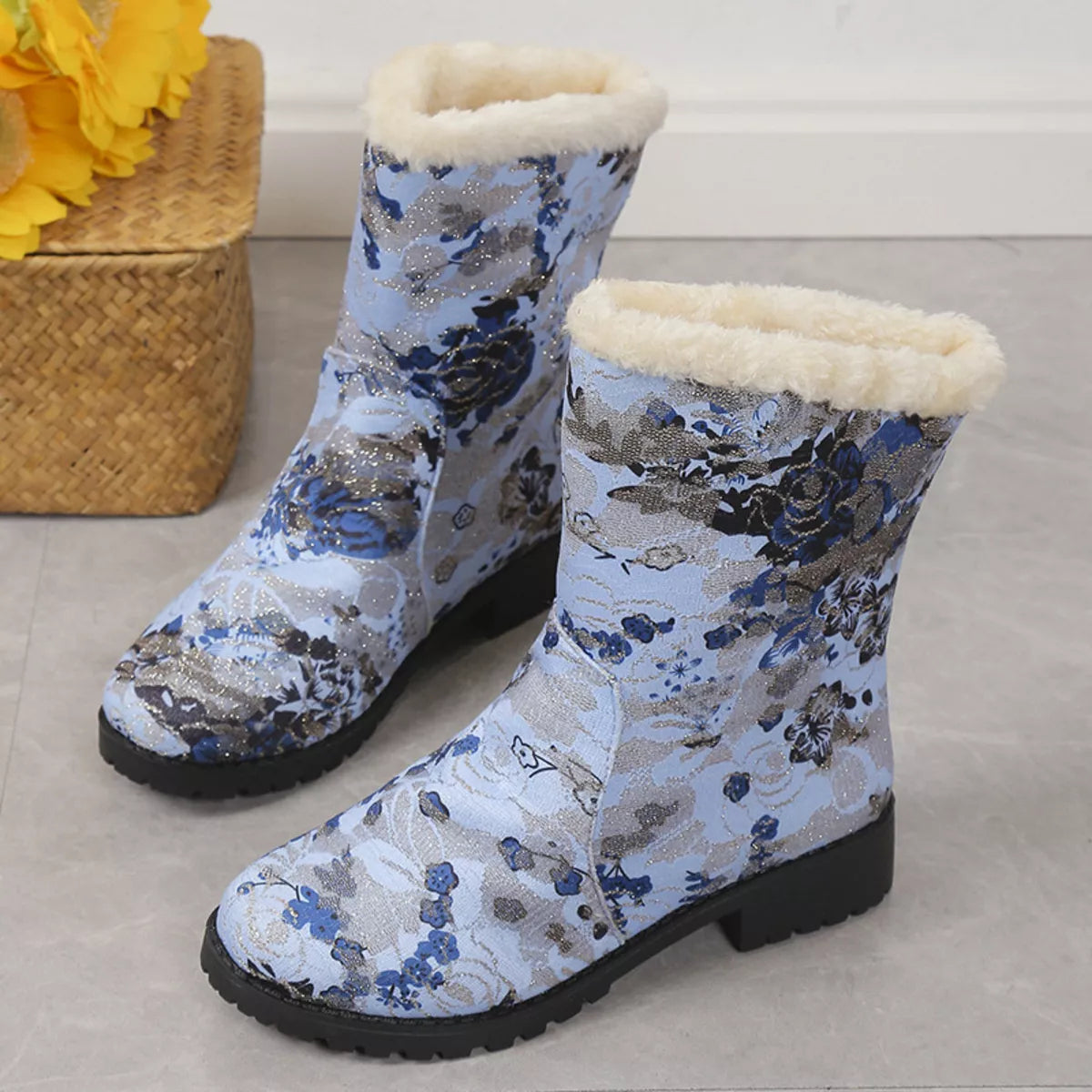 Floral Print Warm Lined Ankle Boots