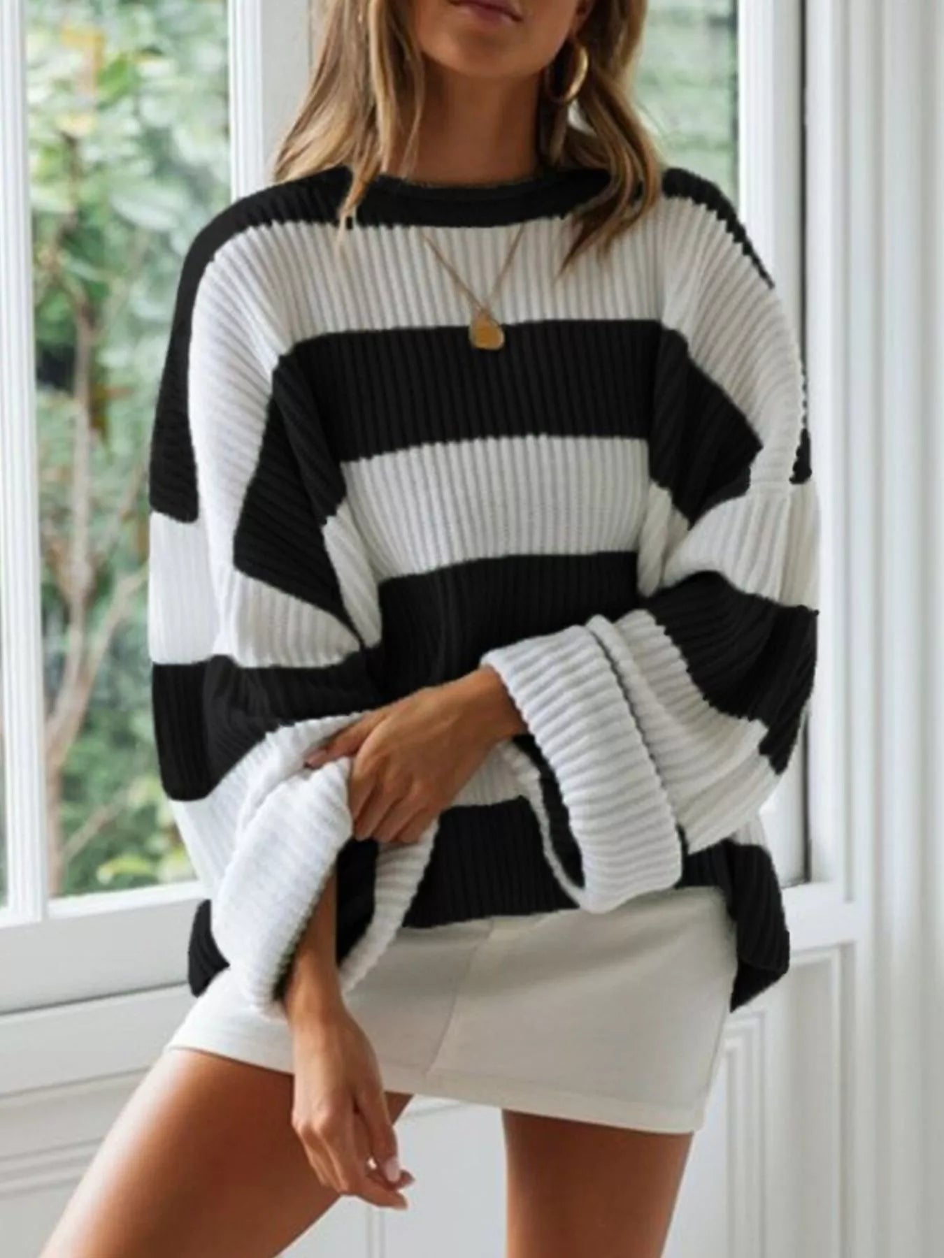 Full Size Contrast Striped Round Neck Sweater Plus Size