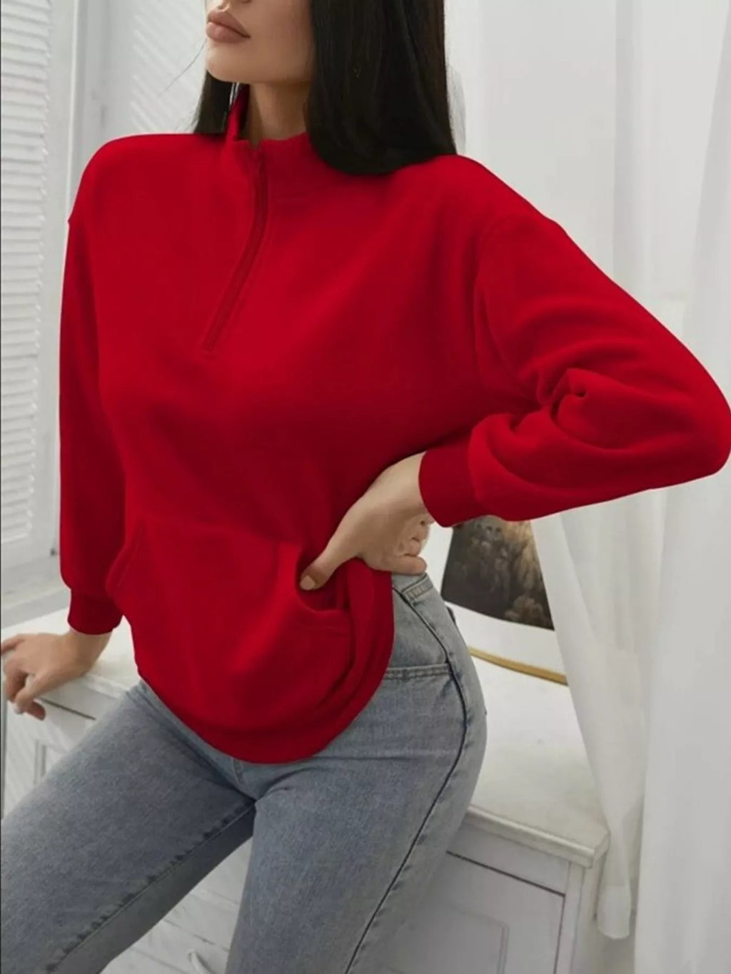 Zip-Up Collar Sweatshirt with Pocket