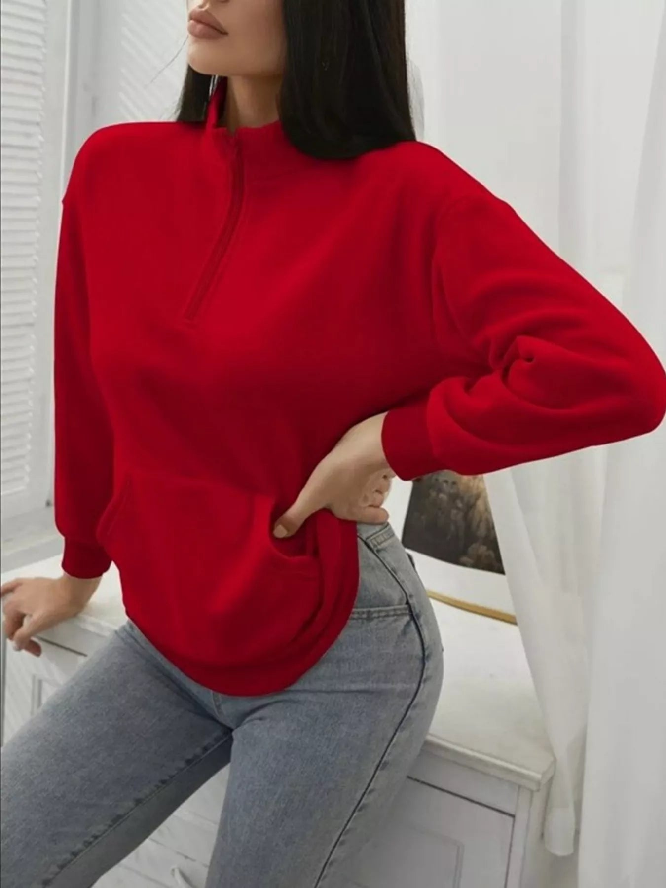 Zip-Up Collar Sweatshirt with Pocket