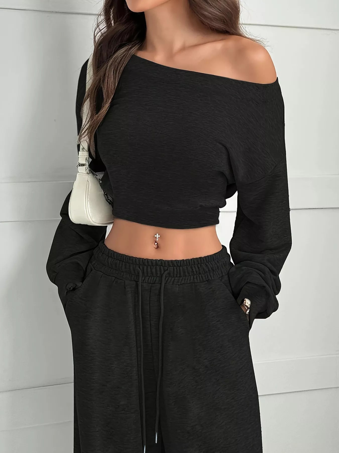 Boat Neck Long Sleeve Top and Pants Set