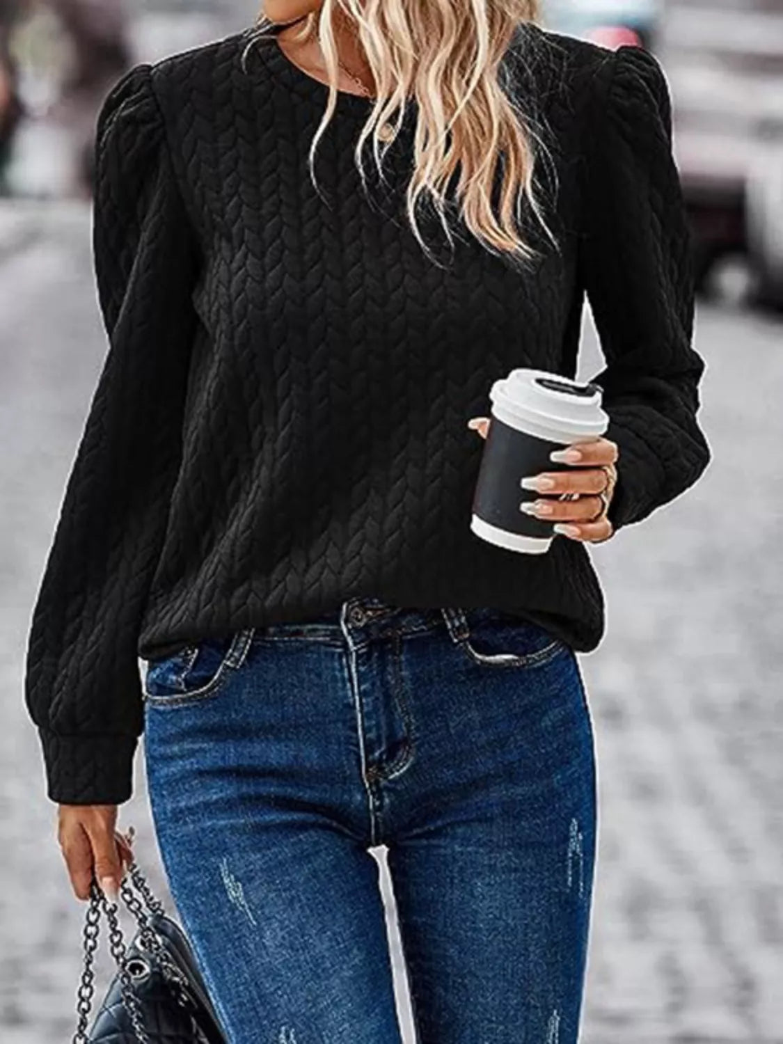 Textured Round Neck Long Sleeve Blouse