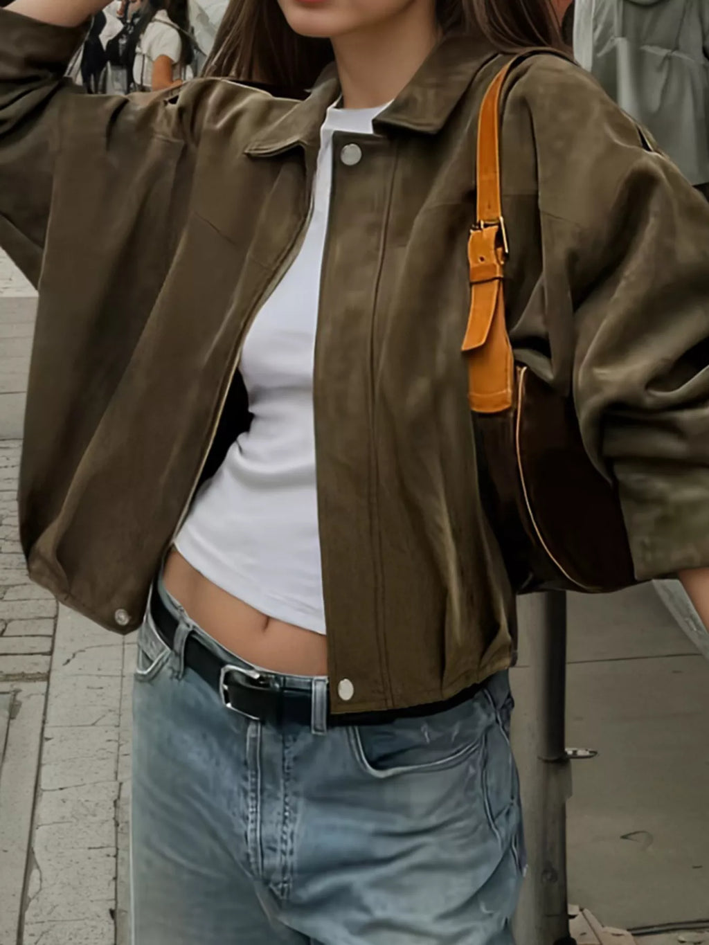 Plus Size Suede Cropped Bomber Jacket