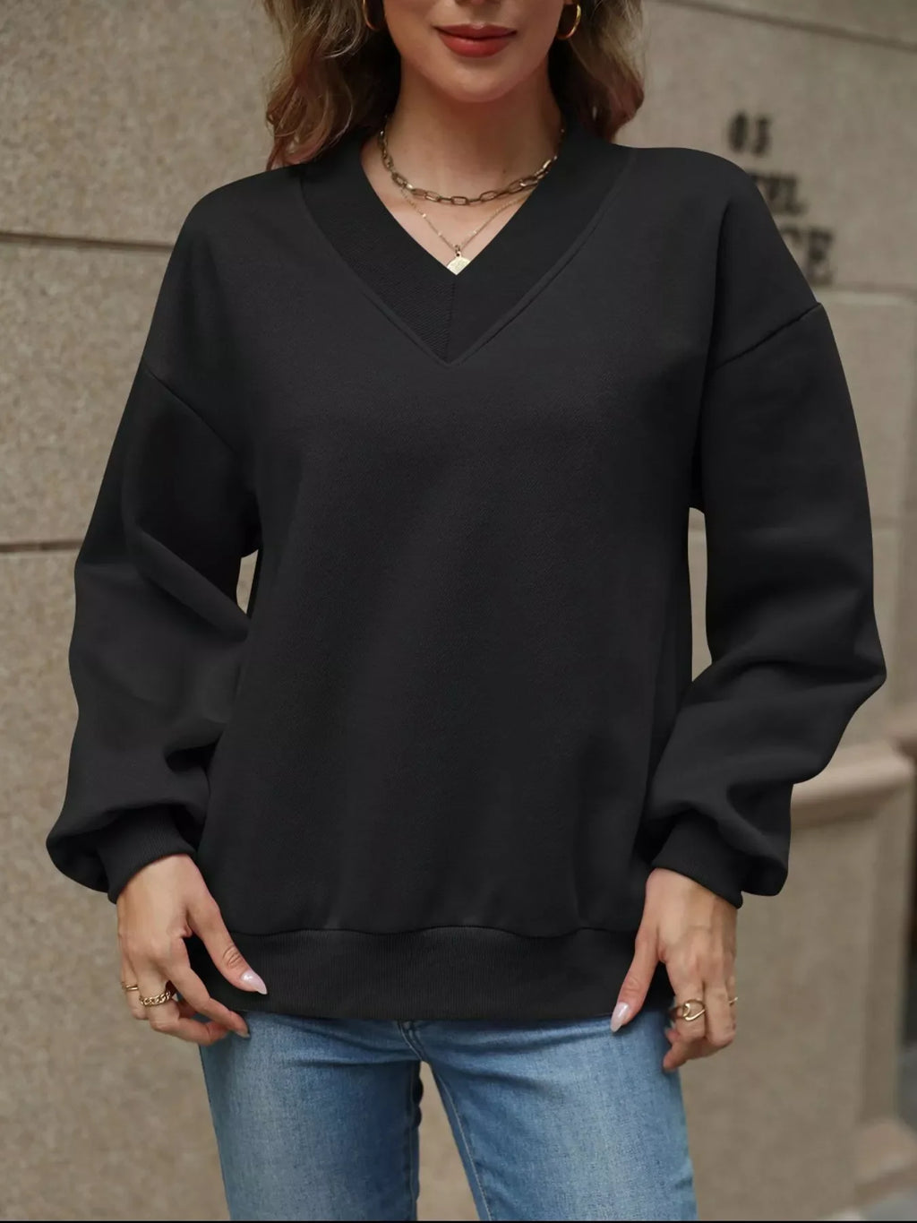 V-Neck Solid Color Casual Sweatshirt