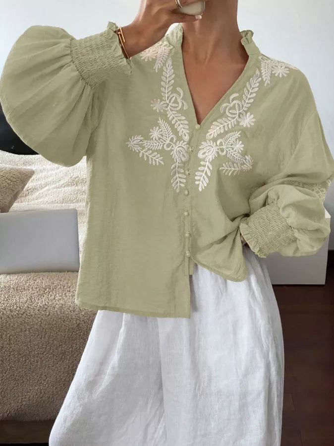 Embroidered Notched Long Sleeve Blouse