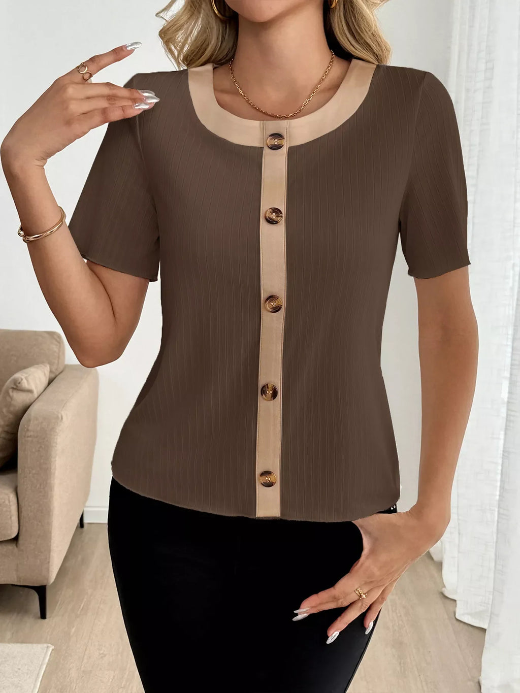 Decor Button Round Neck Short Sleeve Blouse