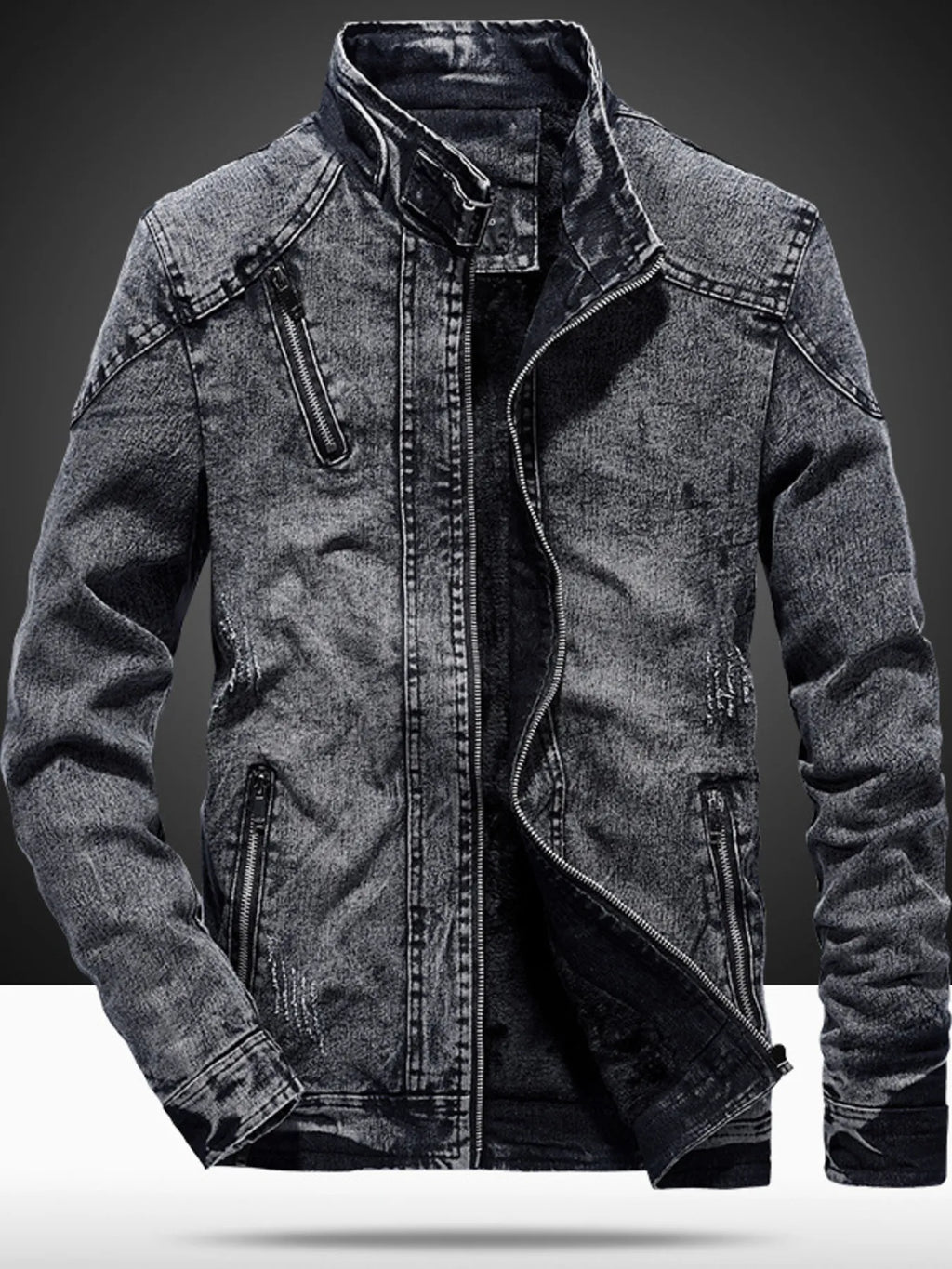 Men's Plus Size Washed Zip Up Denim Jacket
