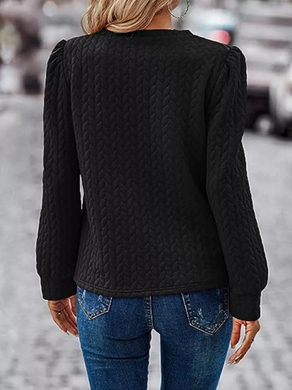 Textured Round Neck Long Sleeve Blouse