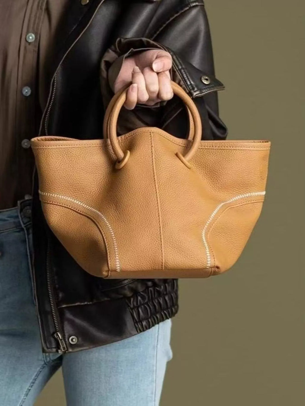 Leather Round Handle Tote Bag