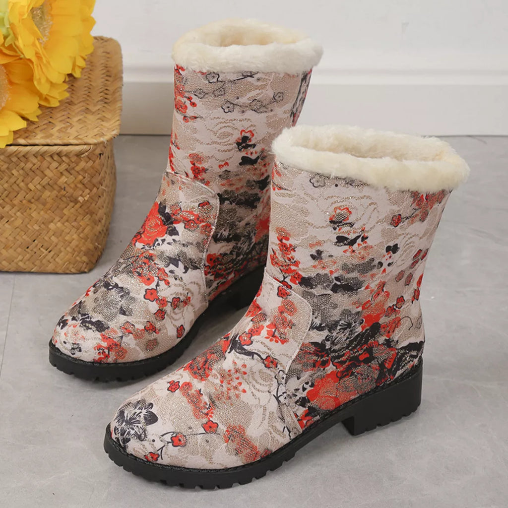 Floral Print Warm Lined Ankle Boots