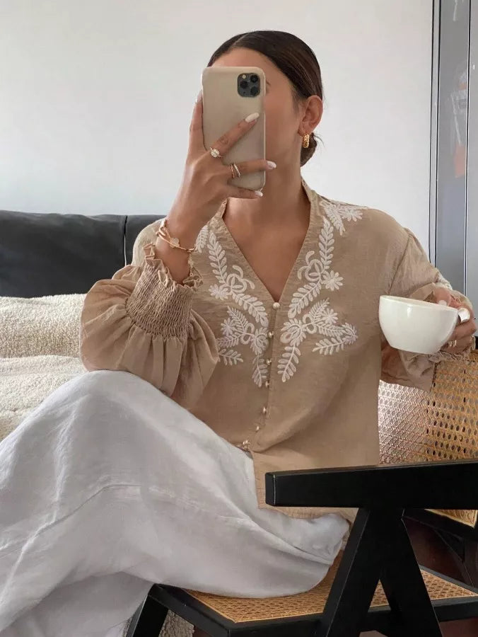 Embroidered Notched Long Sleeve Blouse