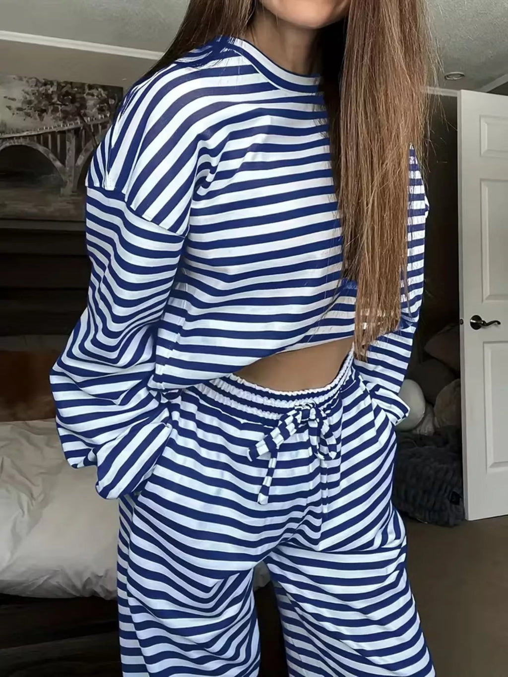 Striped Round Neck Top and Pants Set