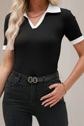 Contrast Collared Neck Ribbed Knit Top