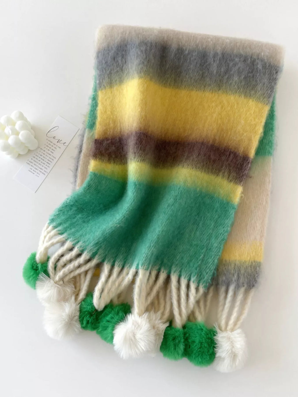 Rainbow Striped Fuzzy Scarf with Pom-Poms