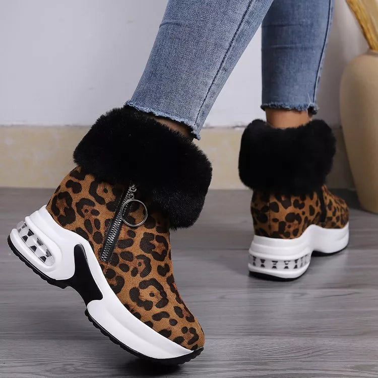 Fuzzy Side Zipper Platform Ankle Boots