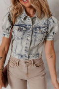 Wash Buttoned Chest Pocket Puff Sleeve Denim Jacket
