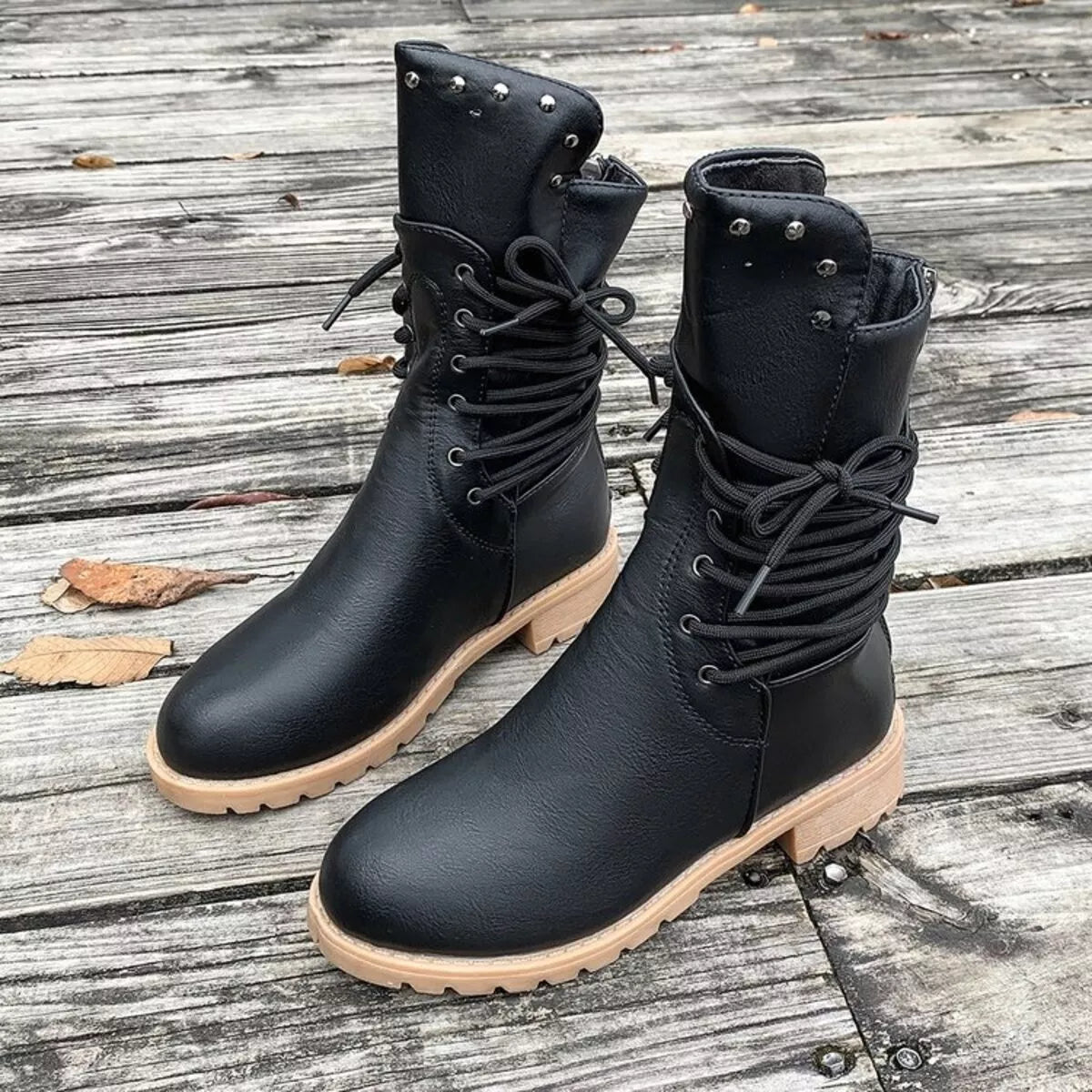 Lace Up Block Heels Boots