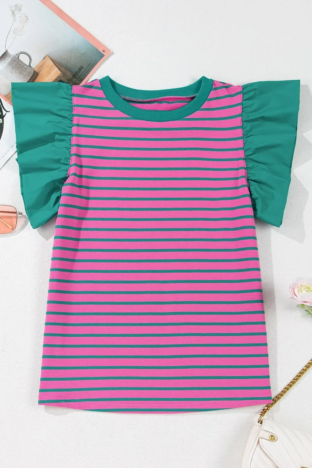 Striped Round Neck Cap Sleeve Blouse