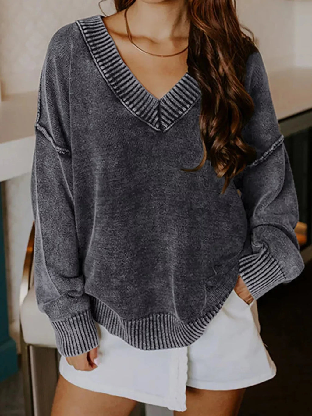 Wash V-Neck Long Sleeve Sweater