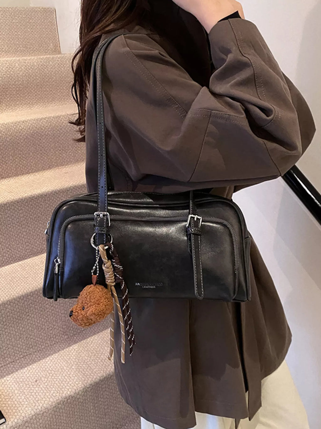 Vintage Style Leather Shoulder Bag with Charm