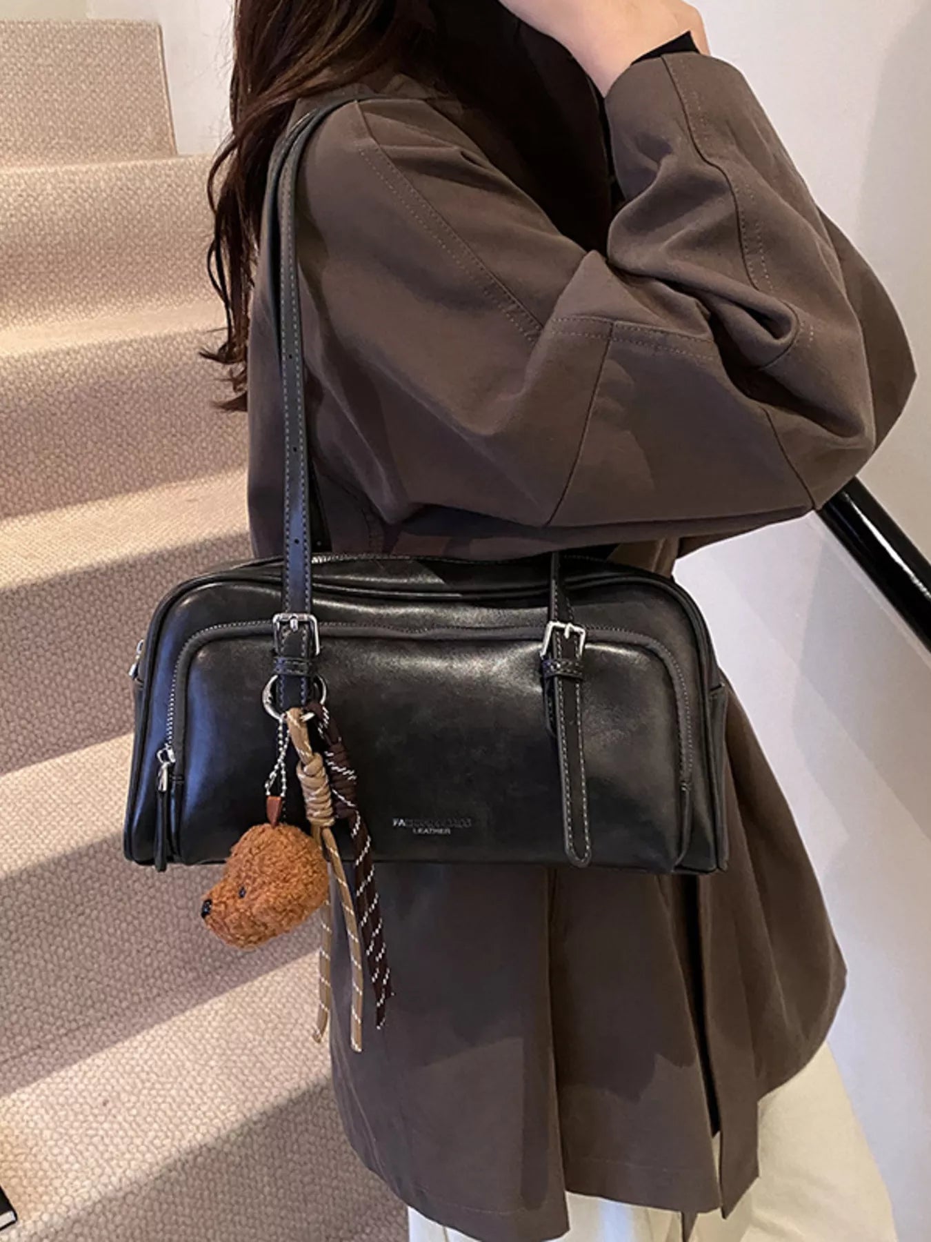 Vintage Style Leather Shoulder Bag with Charm