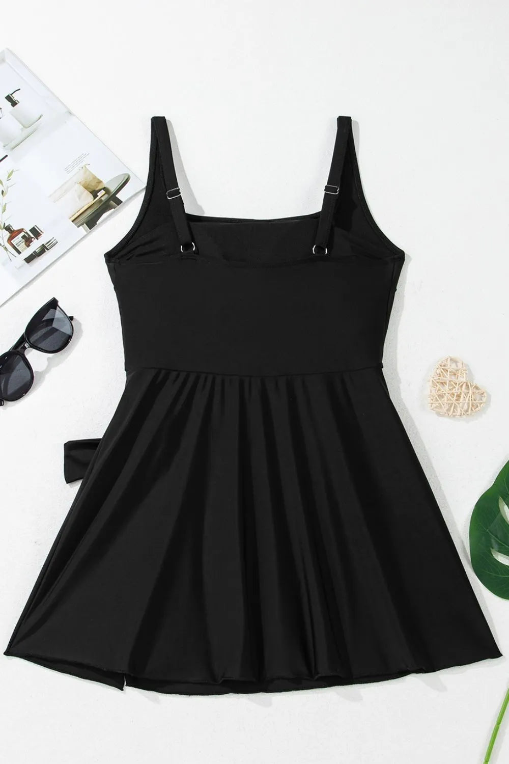 Side Tied Waist Square Neck Adjustable Straps A-line One Piece Swim Dress