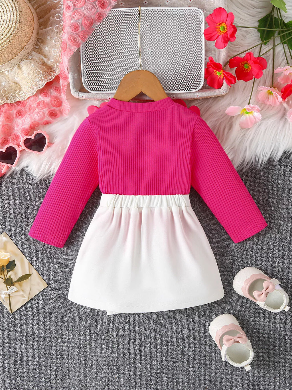 Children's Floral Applique Ribbed Top & Button Decor Skirt Set