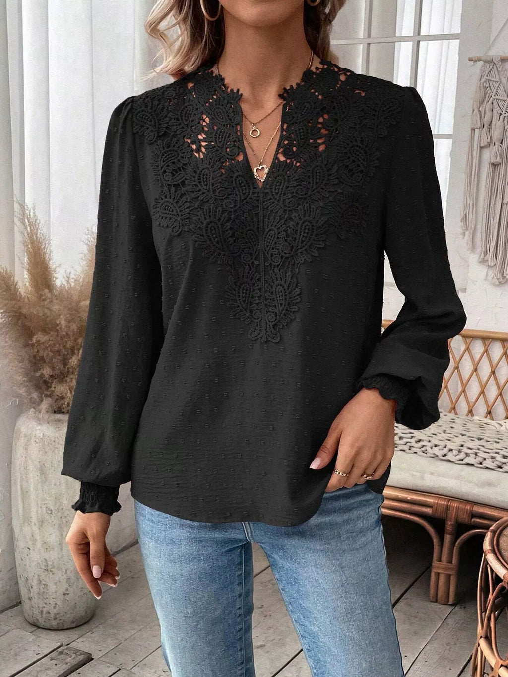 Lace Trim Long Sleeve Blouse