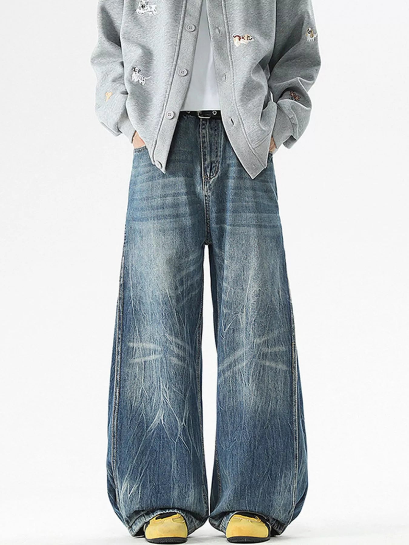 Men's Full Size Vintage Wash Wide Leg Jeans Plus Size