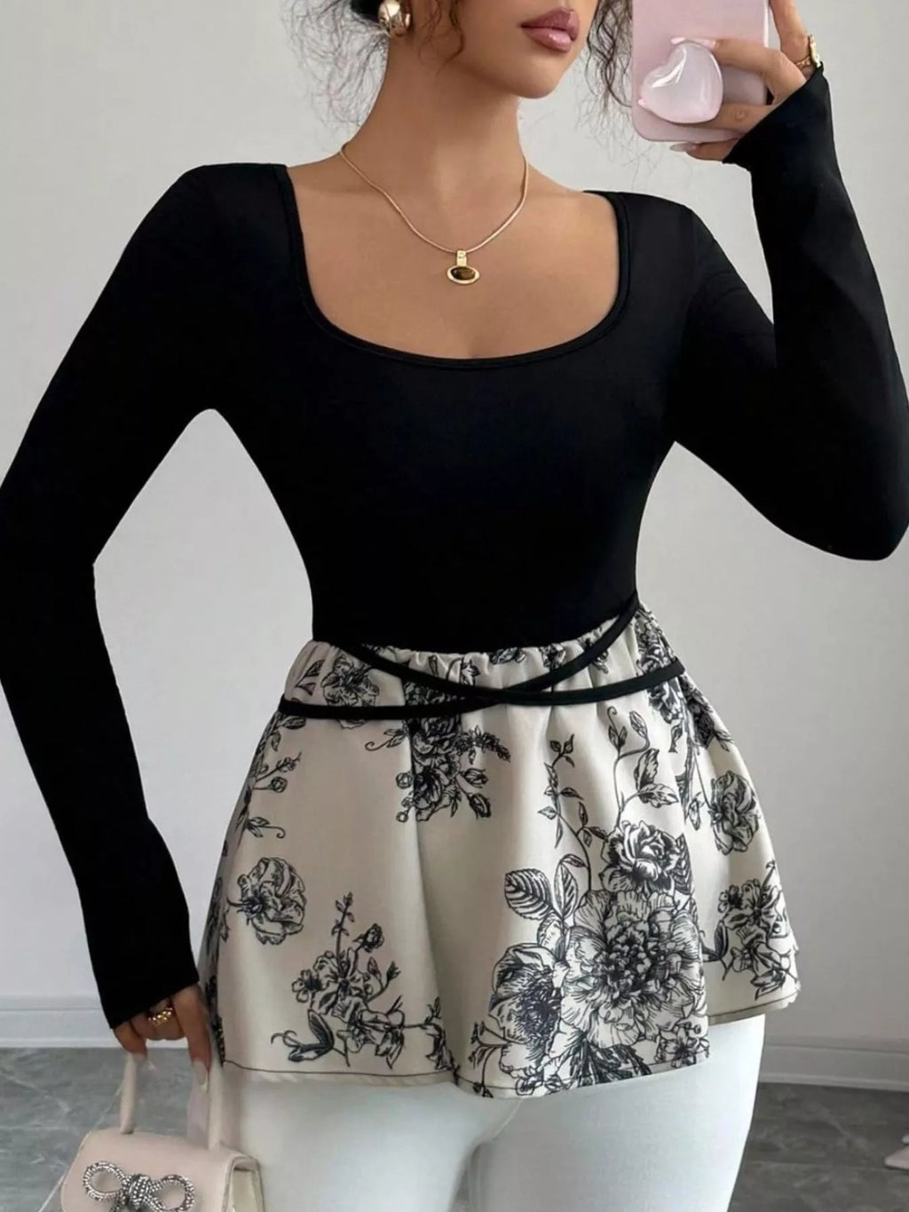 Floral Print Peplum Hem Long Sleeve Top