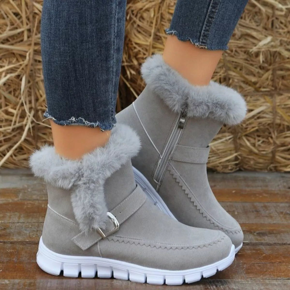 Fuzzy Trim Buckle Boots