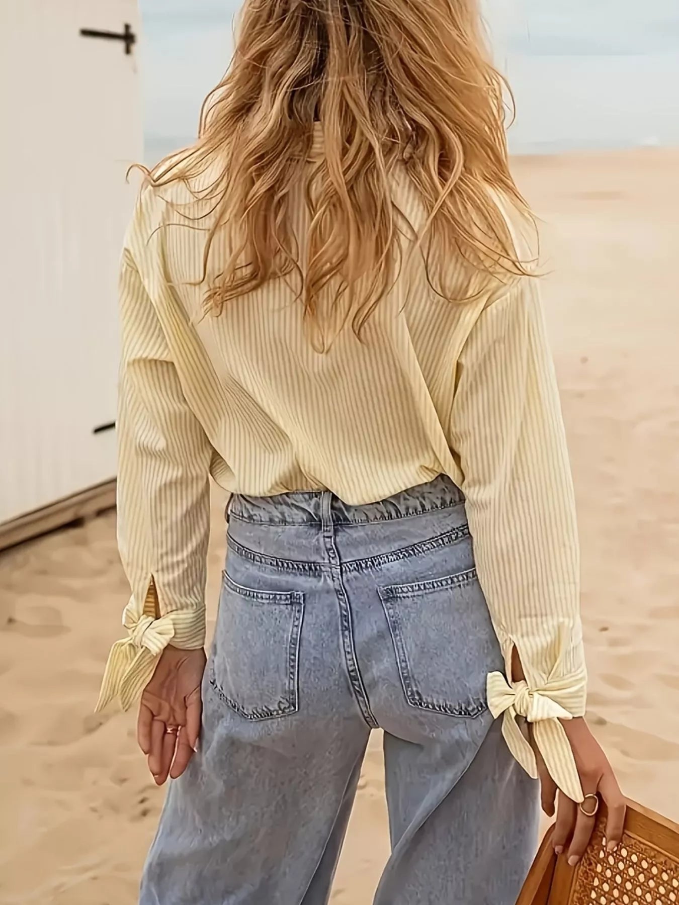 Striped Button Up Tie-Cuff Long Sleeve Shirt