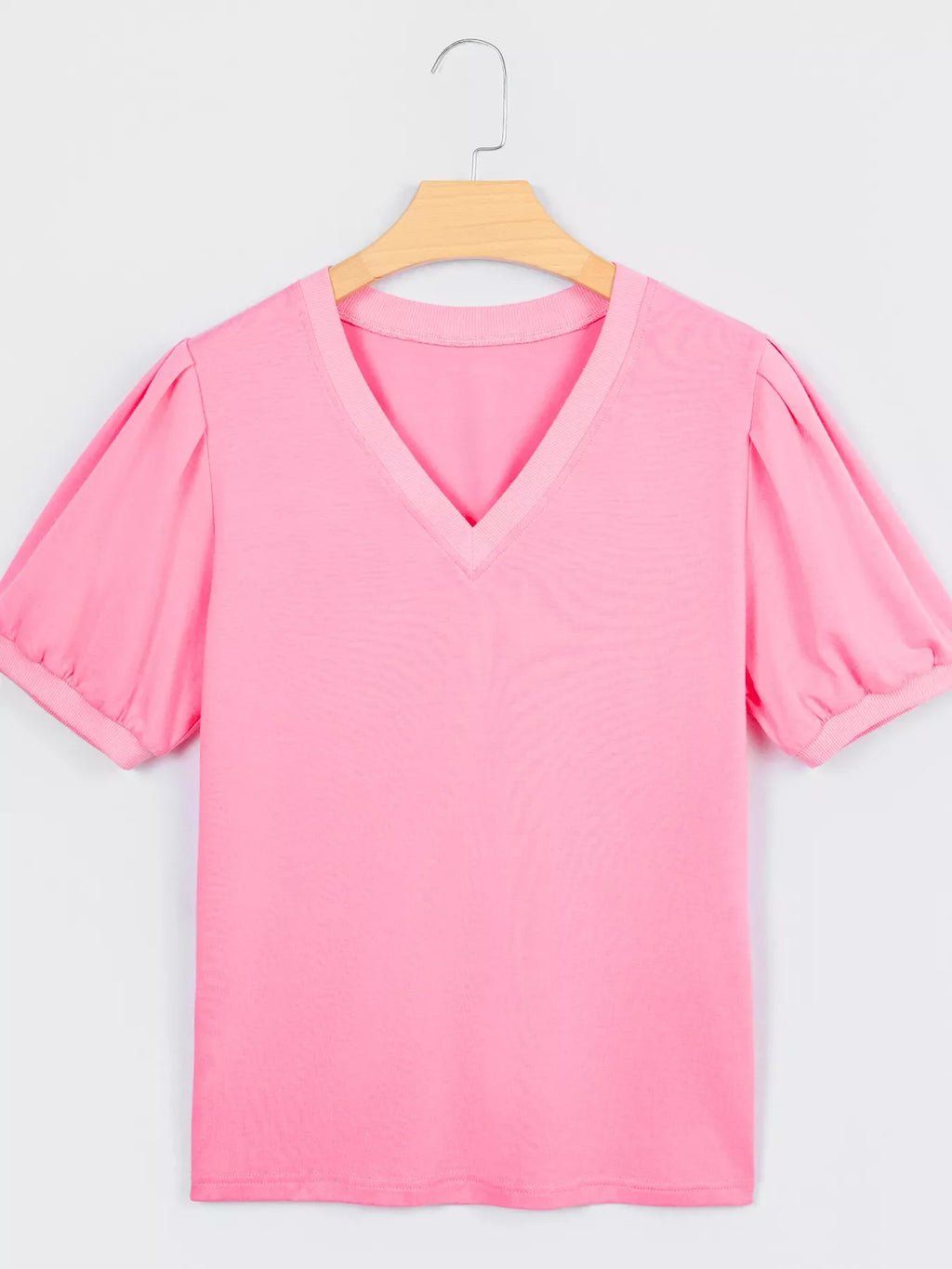 Solid Color V Neck Short Puff Sleeve Blouse