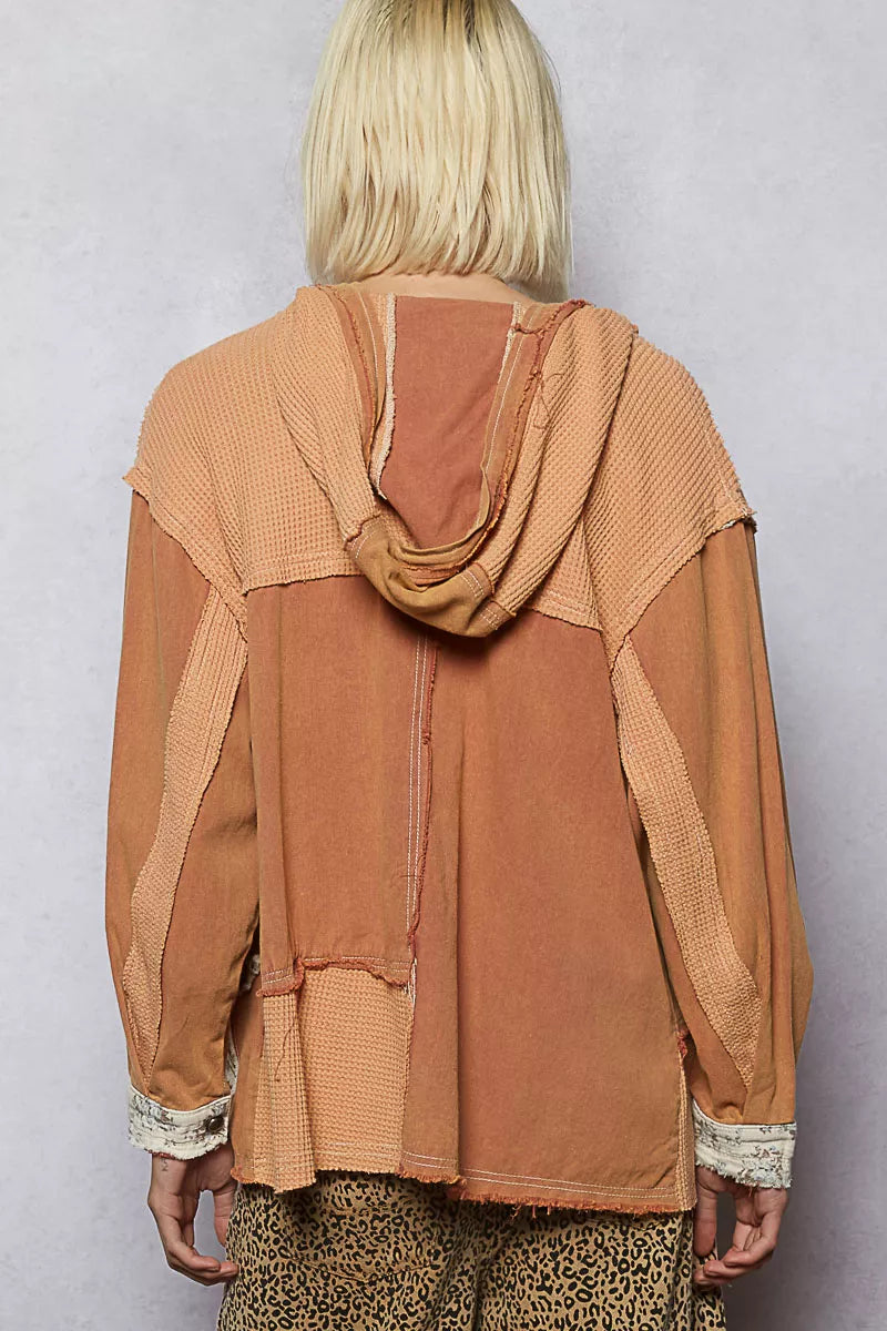 POL Button Down Hooded Jacket with with Star Patch Pattern