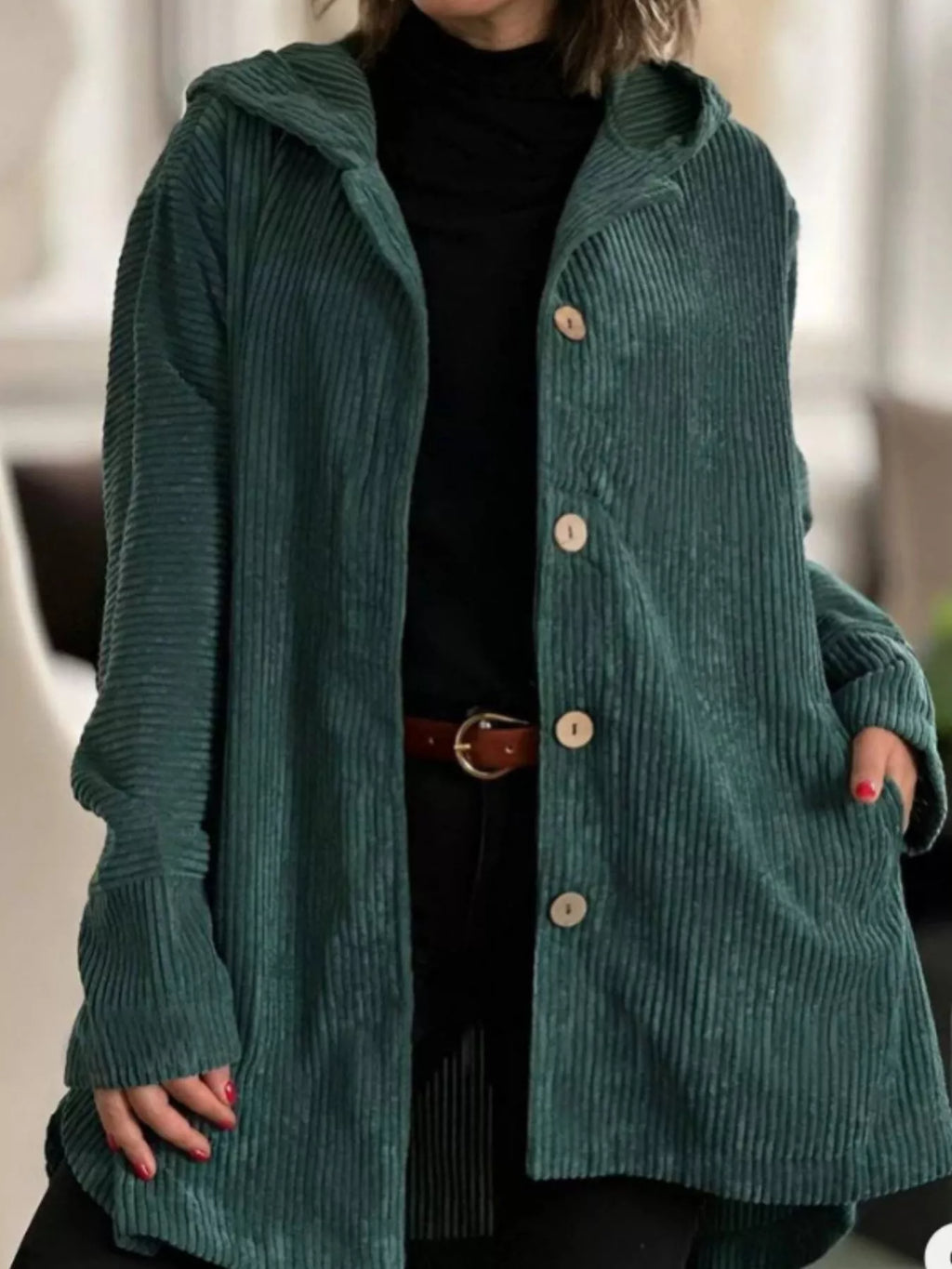 Full Size Corduroy Button Up Hooded Jacket Plus Size
