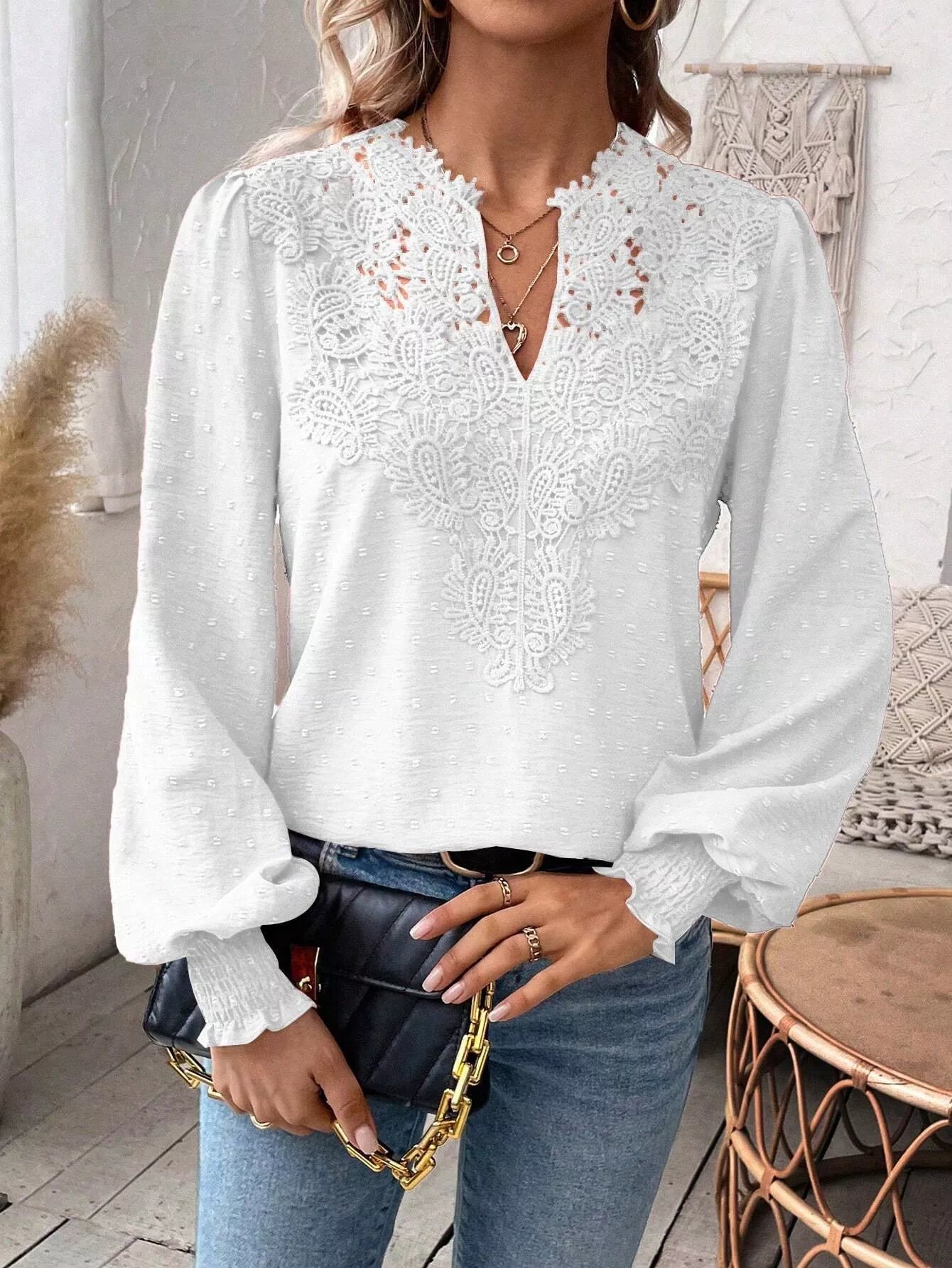 Lace Trim Long Sleeve Blouse