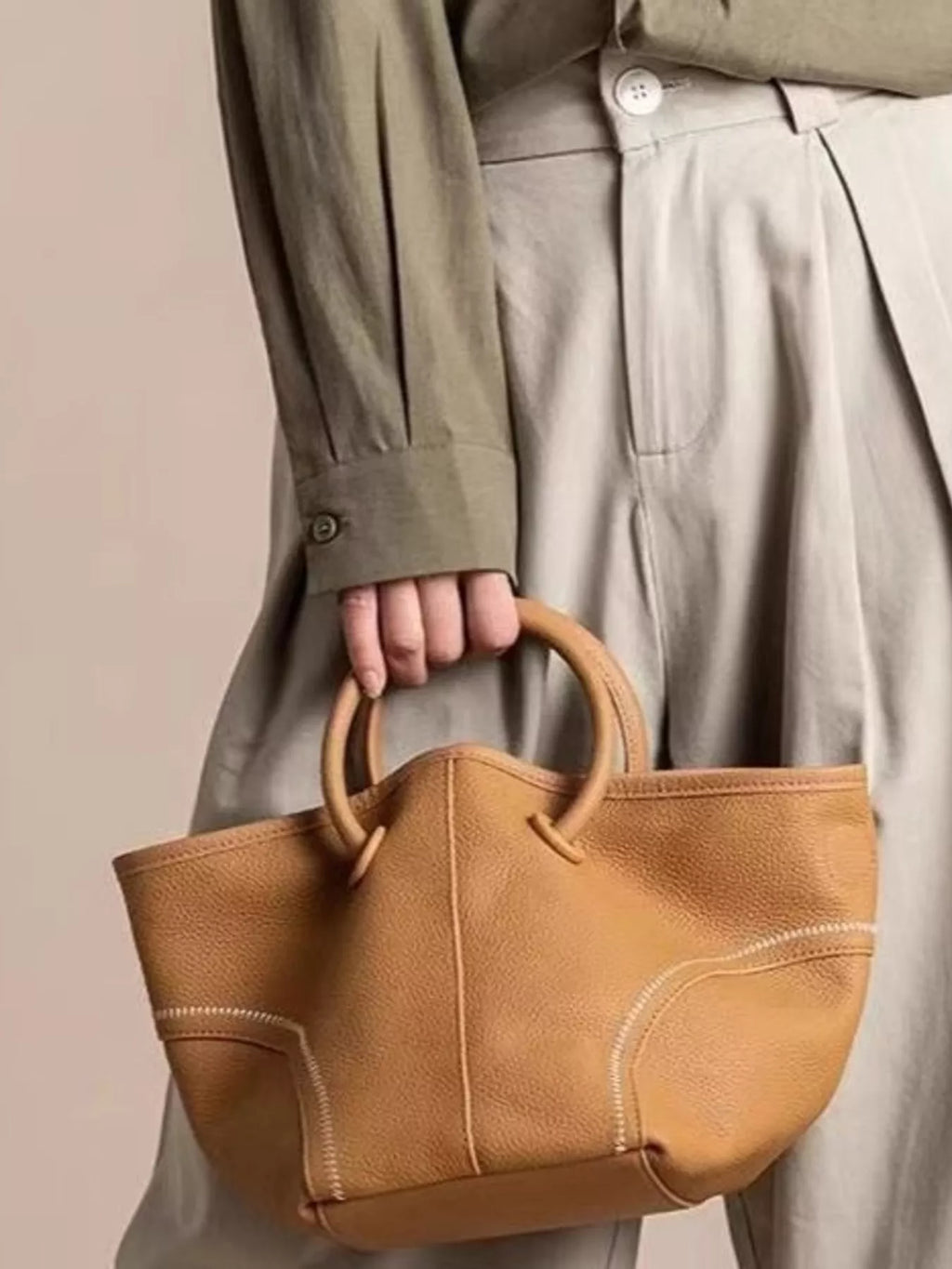 Leather Round Handle Tote Bag