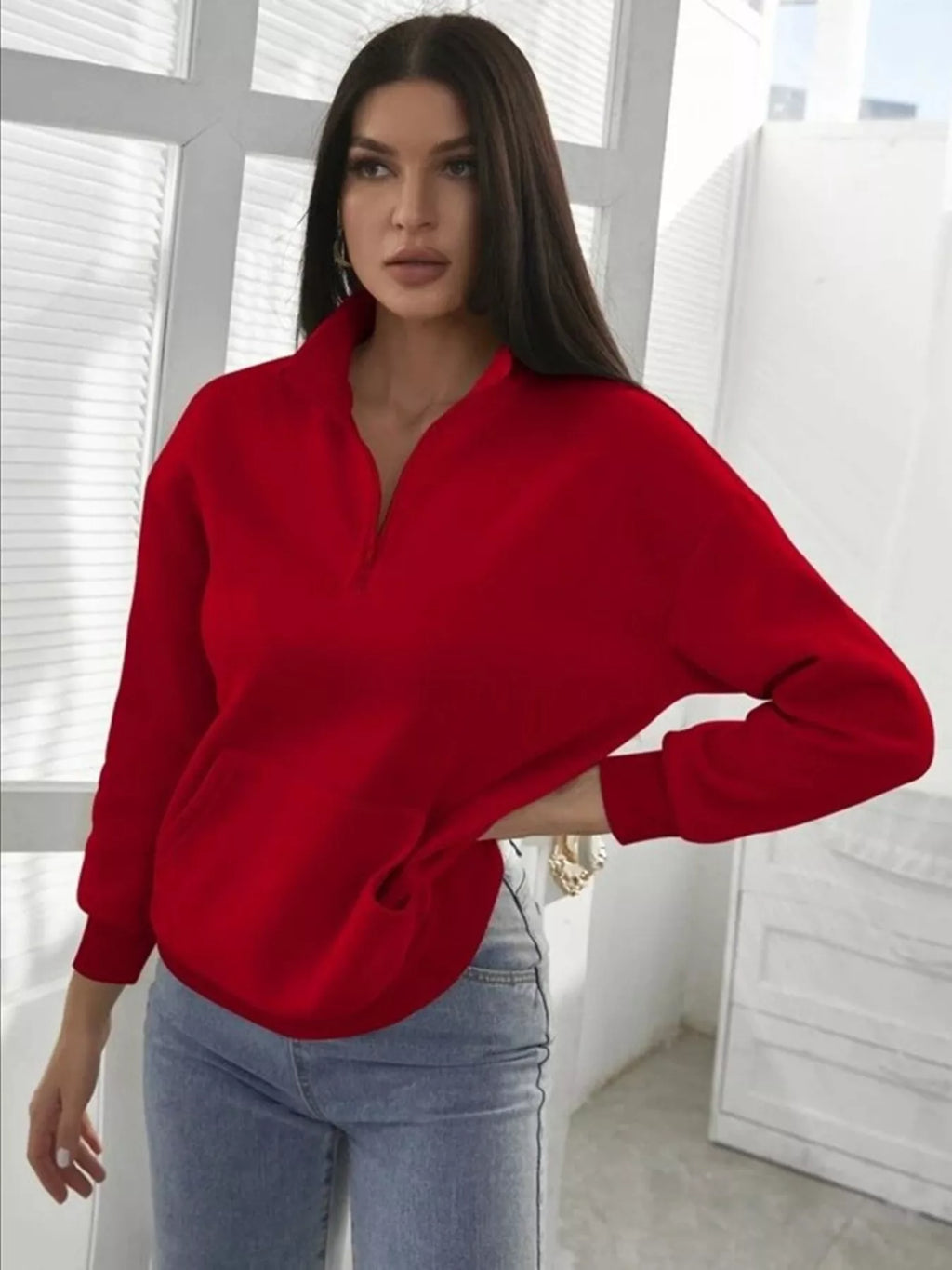 Zip-Up Collar Sweatshirt with Pocket