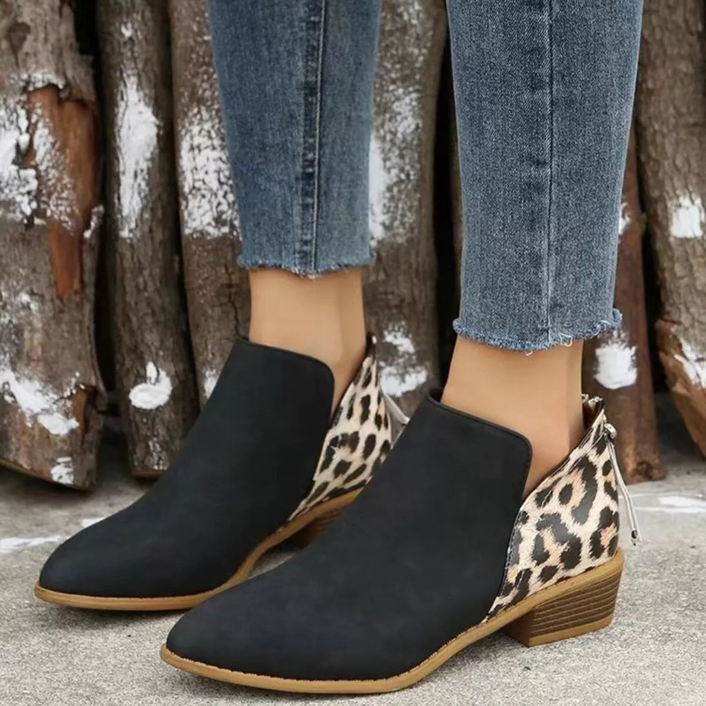 Leopard Point Toe Block Heels Boots