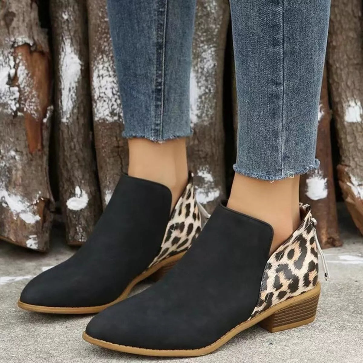 Leopard Point Toe Block Heels Boots