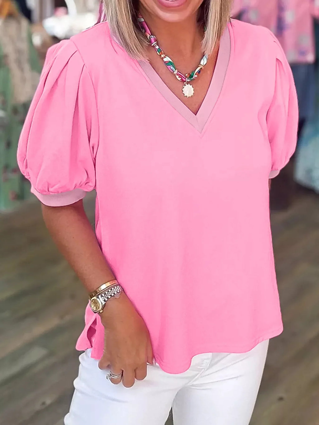 Solid Color V Neck Short Puff Sleeve Blouse