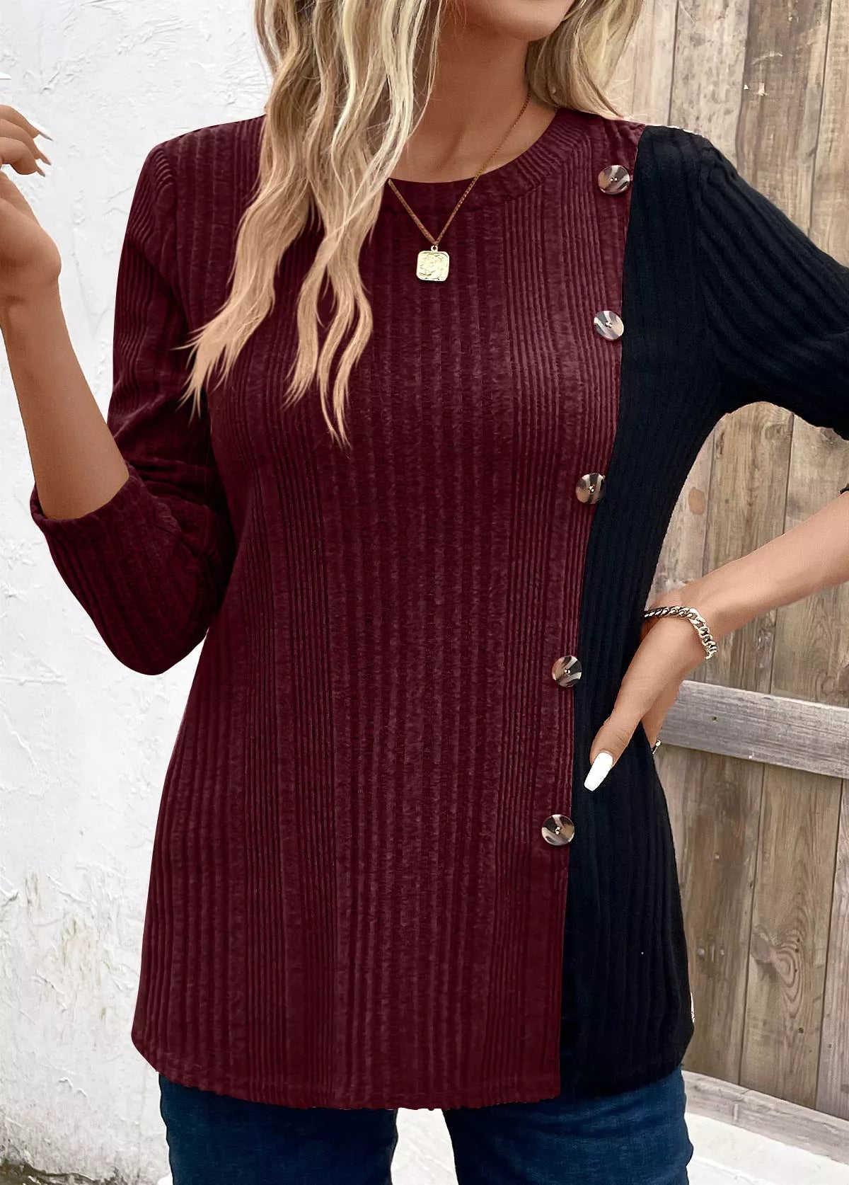 Color Block Ribbed Knit Decor Button T-Shirt